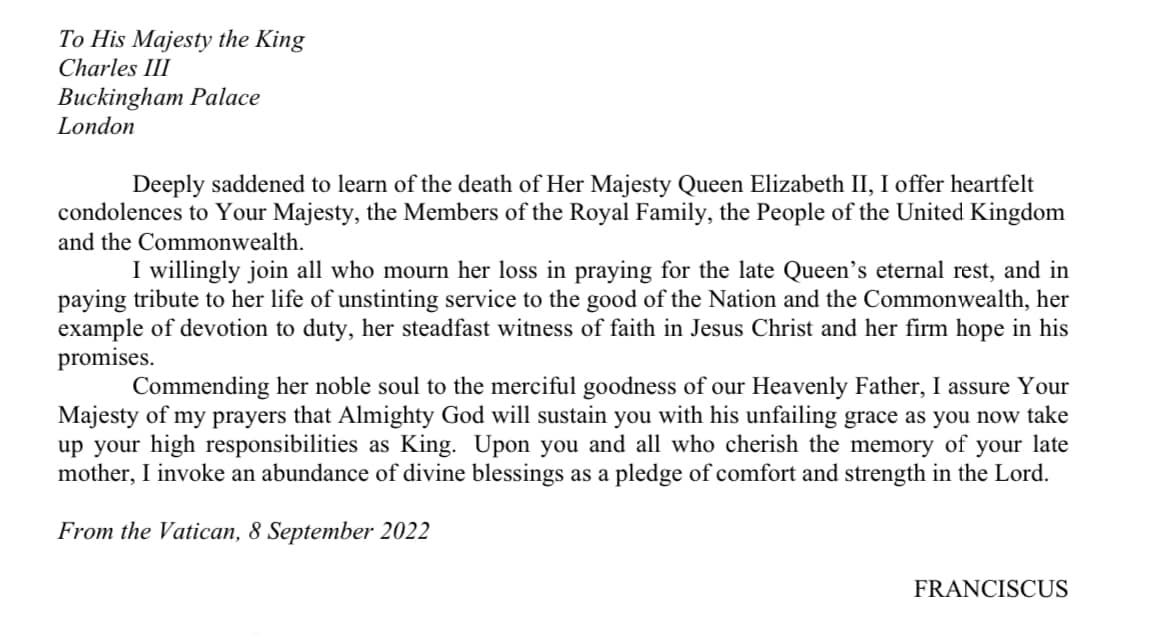 Pope Francis telegram to King Charles III on death of Queen Elizabeth II
