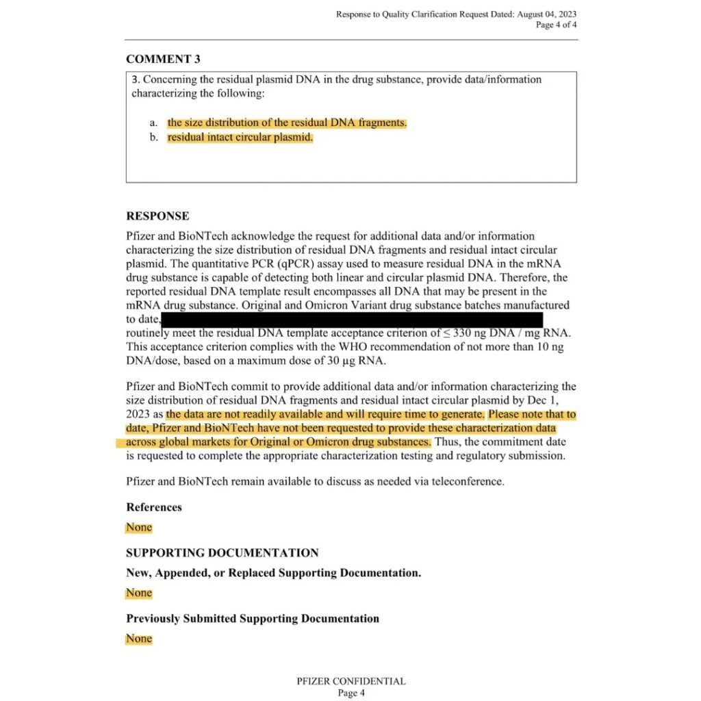 Pfizer response to a quality clarification request from Health Canada, 4 August 2023. Source: Scoops McGoo Substack