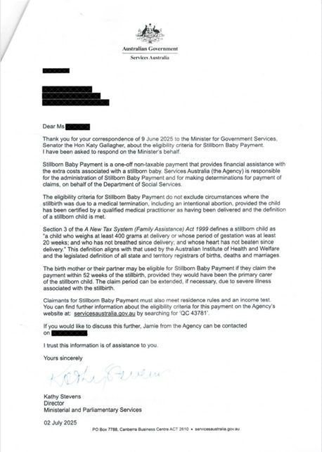 Stillborn Baby Payment letter
