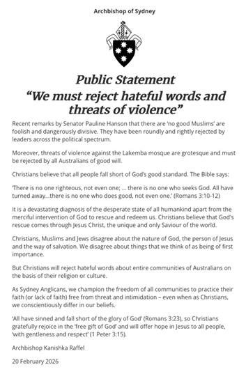 Anglican Abp of Sydney statement on Pauline Hanson