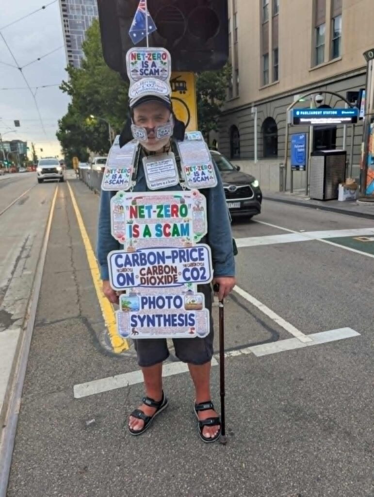  Steven attended the rally for Iran wearing his C02 Climate Facts boards in the Melbourne CBD. Picture: Josh Spasaro.