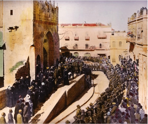 Official surrender ceremony, Jaffa Gate, Jerusalem, 11 December 1917. From collection of Conrad Schick Library, Christ Church, Jerusalem.