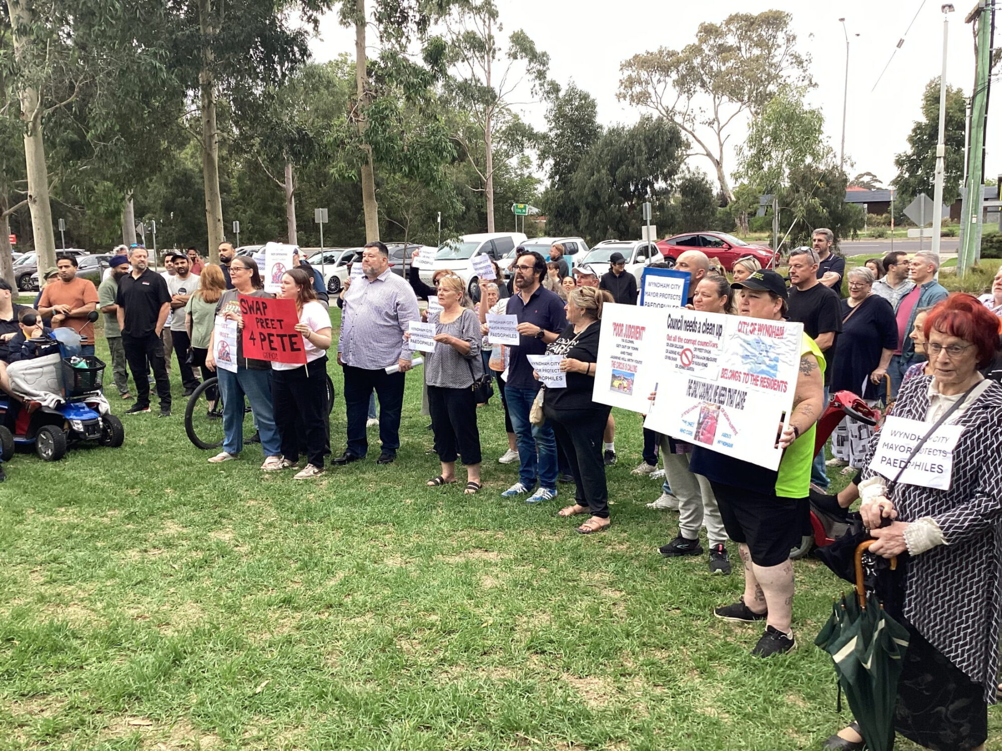 Local residents chanted that they wanted Mayor Preet Singh to resign during a rally at Wyndham Civic Centre on April 1. Picture: Josh Spasaro.