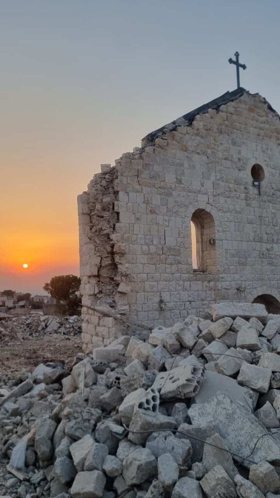 A church destroyed in Yaroun where Fadi is from. Photo: Supplied/Fadi.