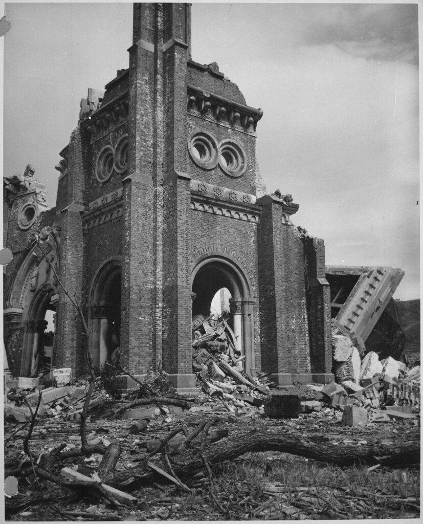 Nagasaki Cathedral after the atom bomb explosion.
