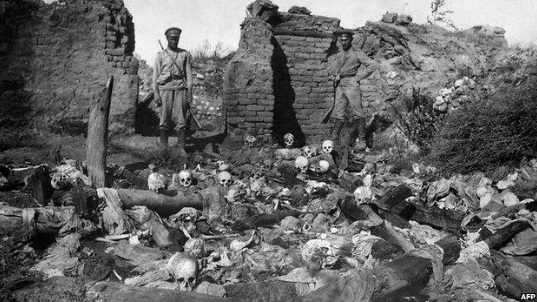 Russian soldiers in the former Armenian village of Sheykhalan, 1915.