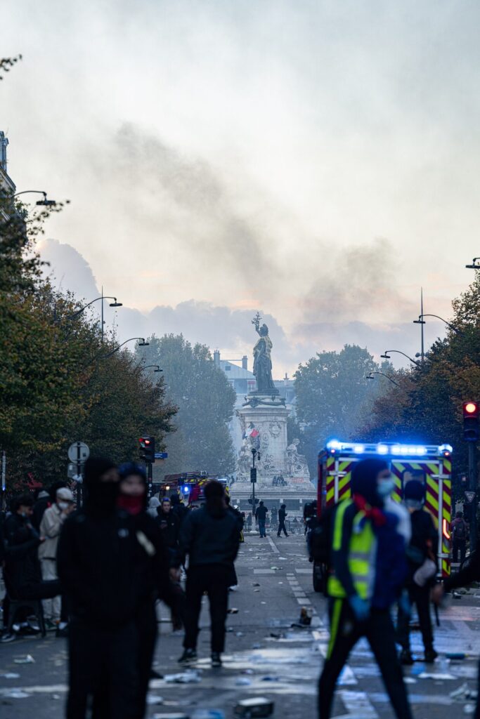 Paris riots 17 October 2026 Fire brigade ambulance heading to Place de la Republique JJxFile 0076