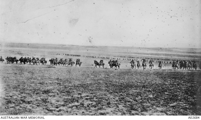 Disputed picture of the charge at Beersheba (or re-enactment) – Australian War Memorial https://www.awm.gov.au/collection/A02684/ It was probably taken when two regiments of the 4th Brigade, Australian Light Horse, re-enacted the charge for the official photographer Frank Hurley, at Belah on 7 February 1918.